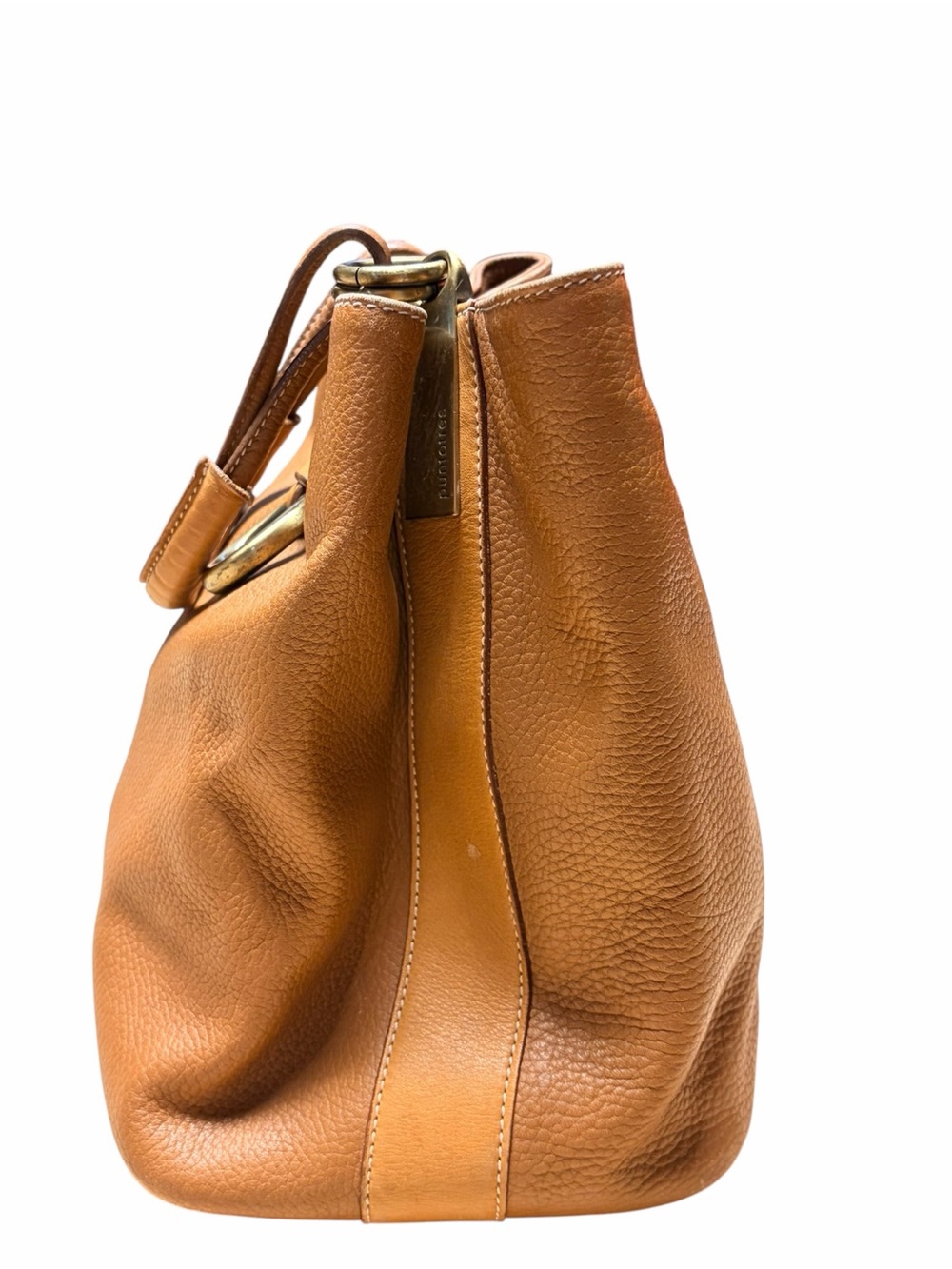 PuntoTres Cognac Genuine Leather Bucket Shoulder Bag Made in Spain - Picture 3 of 9